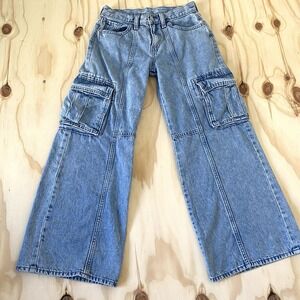 Old Navy Girls Size 12 High Rise Baggy Wide Leg Cargo Jeans Blue